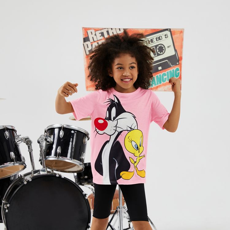 Looney Tunes 2pcs Kid Girl Animal Print Short-sleeve Pink Tee and Black Shorts Set Pink