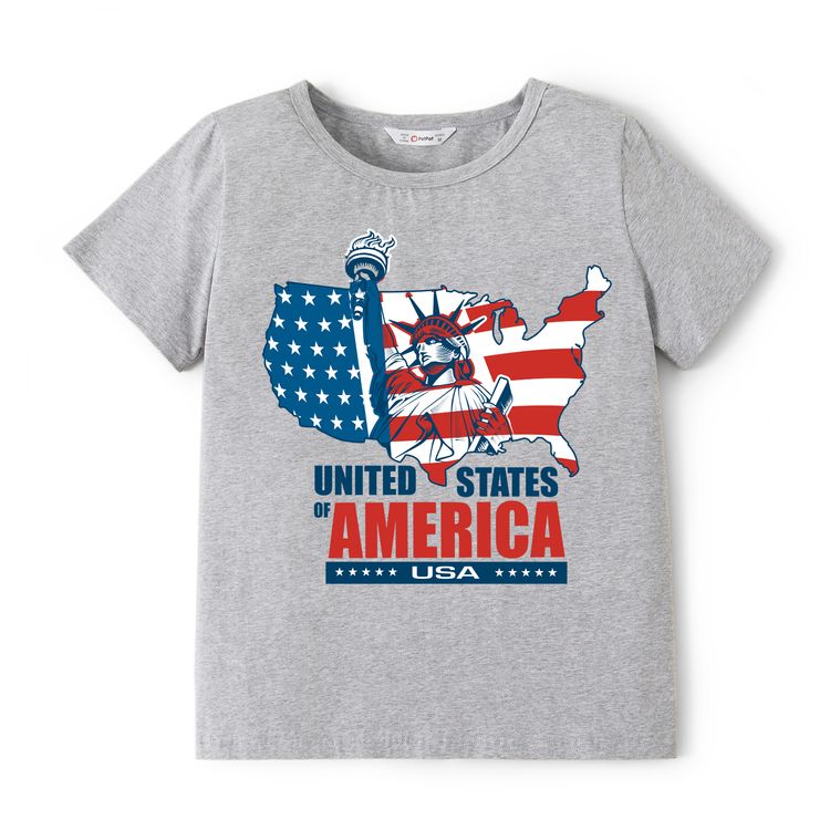 Family Matching Cotton Short-sleeve American Flag Letter Print Grey T-shirts Grey
