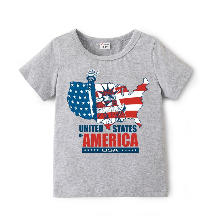 Family Matching Cotton Short-sleeve American Flag Letter Print Grey T-shirts Grey