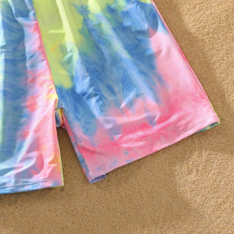 Family Matching Tie Dye V Neck Self-tie Hollow Out Spaghetti Strap One-Piece Swimsuit and Swim Trunks Shorts Multi-color