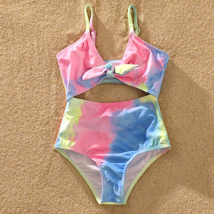 Family Matching Tie Dye V Neck Self-tie Hollow Out Spaghetti Strap One-Piece Swimsuit and Swim Trunks Shorts Multi-color
