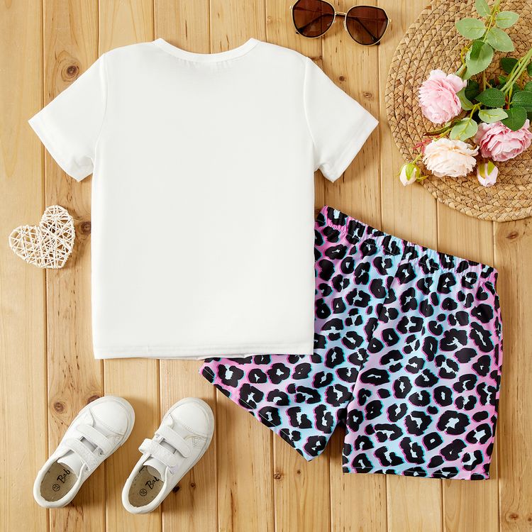 2pcs Kid Girl Figure Cartoon Print Short-sleeve White Tee and Gradient Color Bowknot Leopard Print Shorts Set Ombre
