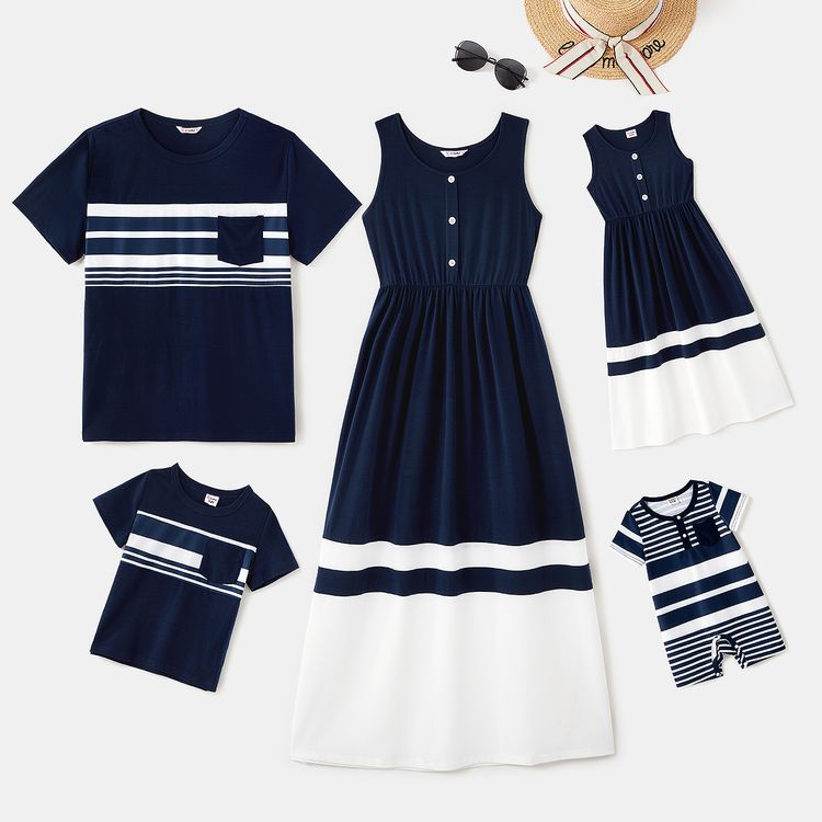 Family Matching Colorblock Button Front Sleeveless Maxi Dresses and Short-sleeve T-shirts Sets royalblue
