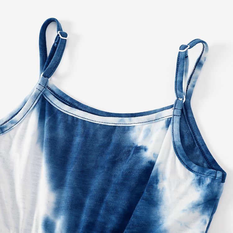 Family Matching Blue Tie Dye Spaghetti Strap Tiered Dresses and Short-sleeve T-shirts Sets Blue