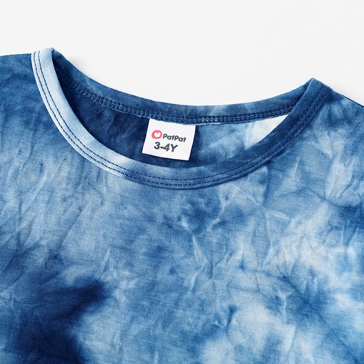 Family Matching Blue Tie Dye Spaghetti Strap Tiered Dresses and Short-sleeve T-shirts Sets Blue