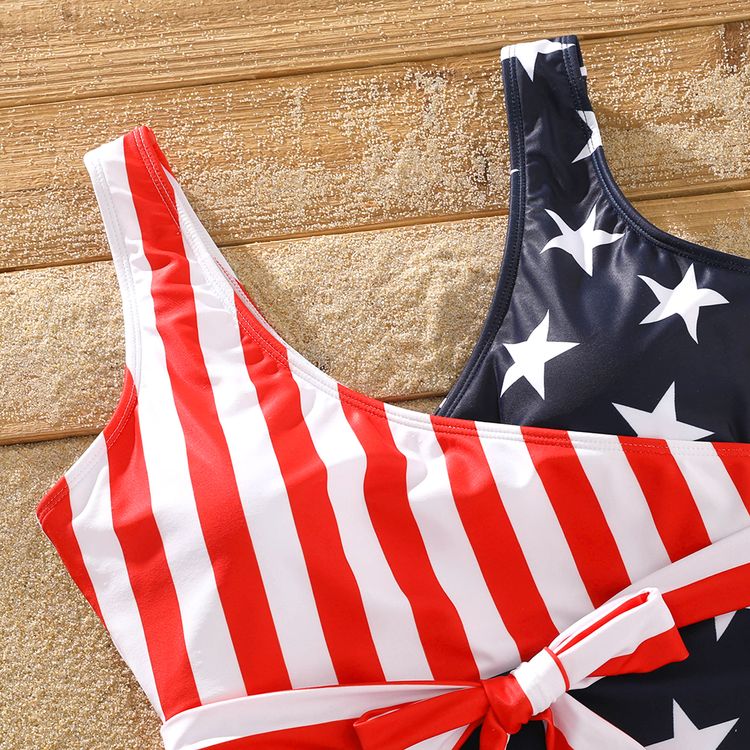 Family Matching Stars Striped Splicing Self-Tie One-Piece Swimsuit and Swim Trunks Shorts BLUEWHITE