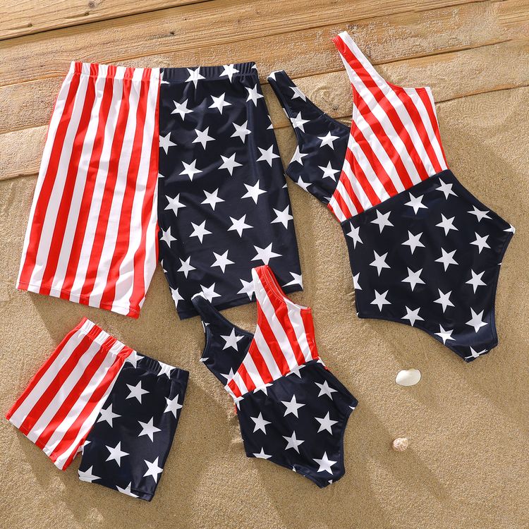 Family Matching Stars Striped Splicing Self-Tie One-Piece Swimsuit and Swim Trunks Shorts BLUEWHITE