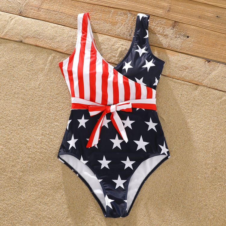 Family Matching Stars Striped Splicing Self-Tie One-Piece Swimsuit and Swim Trunks Shorts BLUEWHITE
