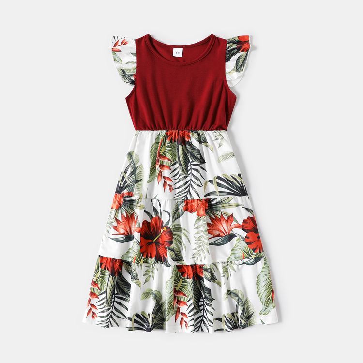 Family Matching Red Ruffle V Neck Spaghetti Strap Splicing Floral Print Tiered Dresses and Short-sleeve T-shirts Sets Burgundy