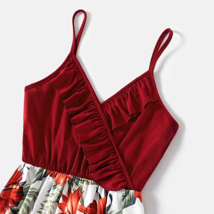 Family Matching Red Ruffle V Neck Spaghetti Strap Splicing Floral Print Tiered Dresses and Short-sleeve T-shirts Sets Burgundy