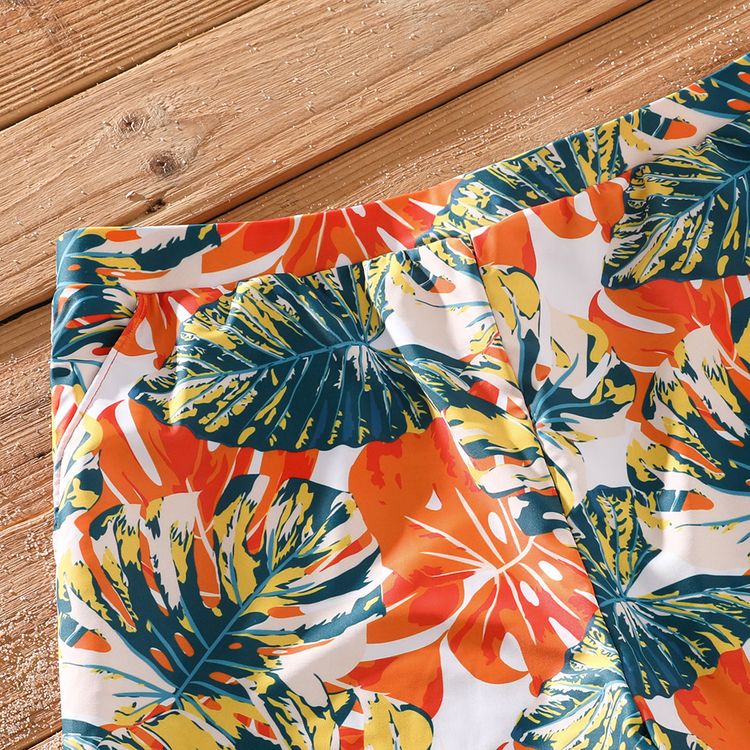 Family Matching Orange and All Over Tropical Plant Print Splicing Ruffle One-Piece Swimsuit and Swim Trunks Shorts Orange