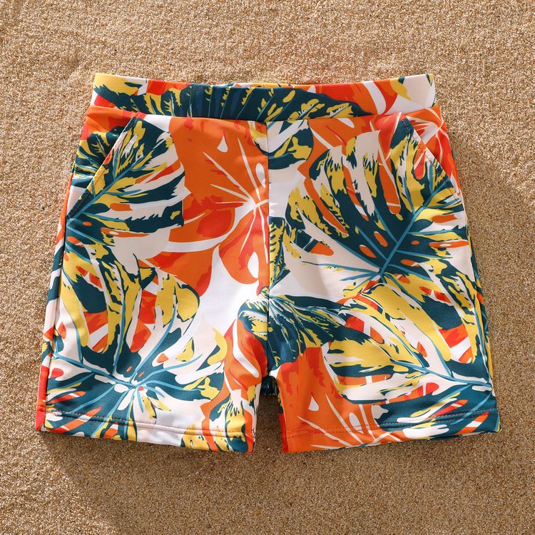 Family Matching Orange and All Over Tropical Plant Print Splicing Ruffle One-Piece Swimsuit and Swim Trunks Shorts Orange