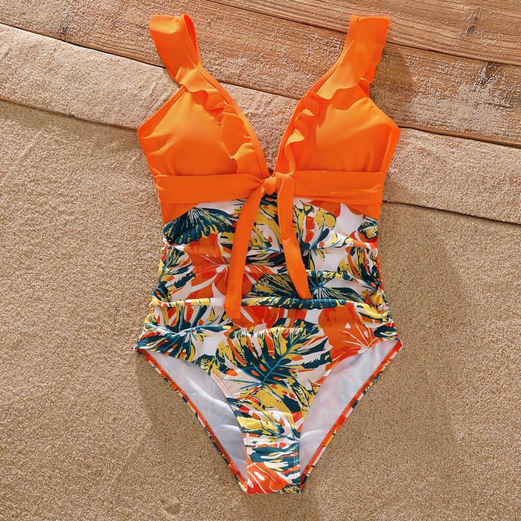 Family Matching Orange and All Over Tropical Plant Print Splicing Ruffle One-Piece Swimsuit and Swim Trunks Shorts Orange