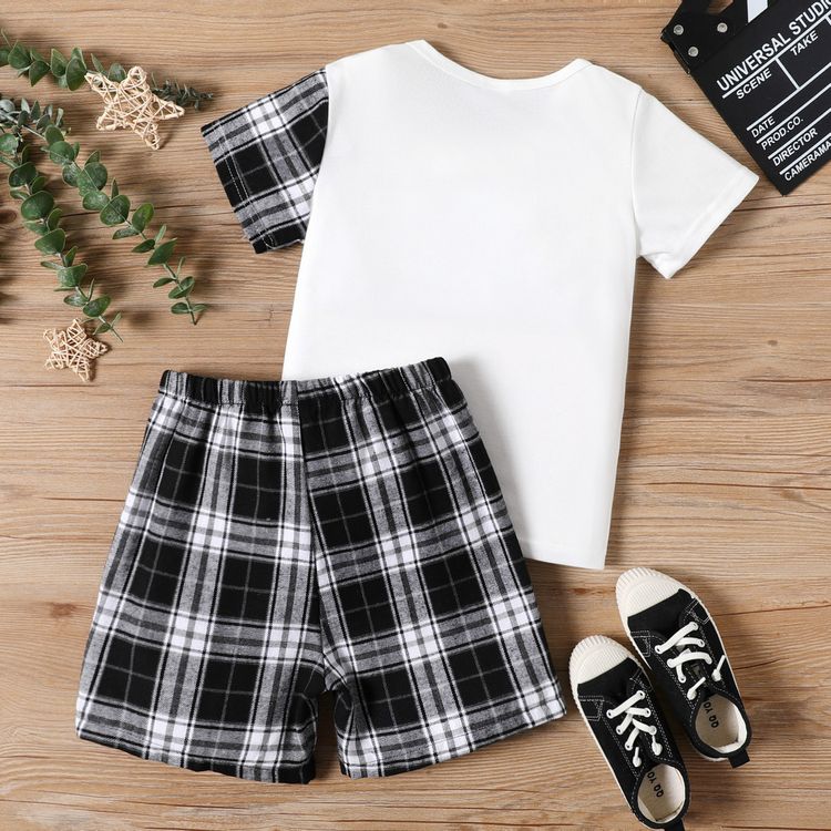 2pcs Kid Boy Plaid Colorblock Short-sleeve Tee and Elasticized Shorts Set Grey
