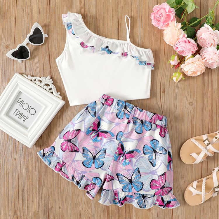 2pcs Kid Girl Flounce One Shoulder Camisole and Bowknot Design Ruffled Butterfly Print Shorts Set Blue