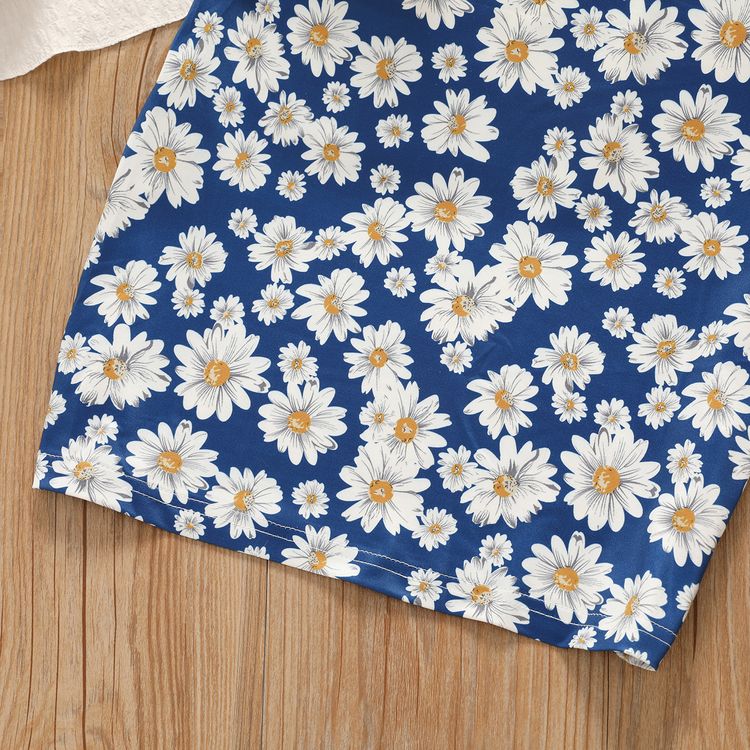 2pcs Kid Girl Floral Daisy Print Slip Dress and White Cardigan Set Blue