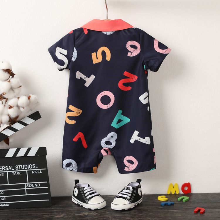Baby Boy All Over Letter Print Lapel Collar Button Up Short-sleeve Romper Deep Blue