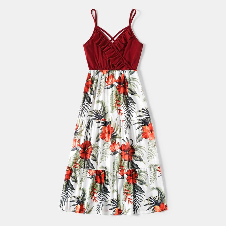 Family Matching Red Ruffle V Neck Spaghetti Strap Splicing Floral Print Tiered Dresses and Short-sleeve T-shirts Sets Burgundy