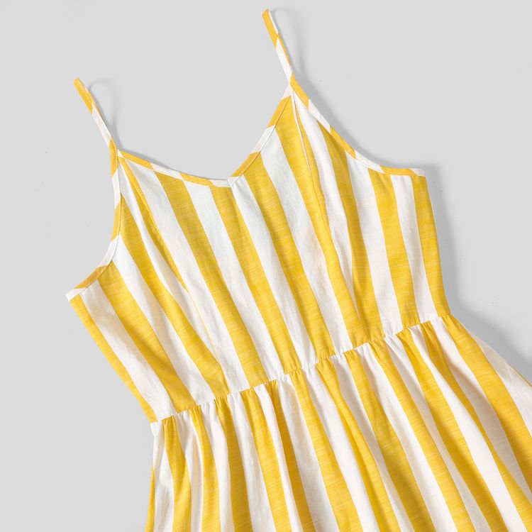 Family Matching Yellow Striped Cami Dresses and Short-sleeve Tops Sets yellowwhite