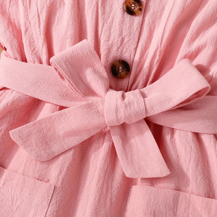 Kid Girl Solid Color Button Pocket Design Belted Cami Rompers Pink