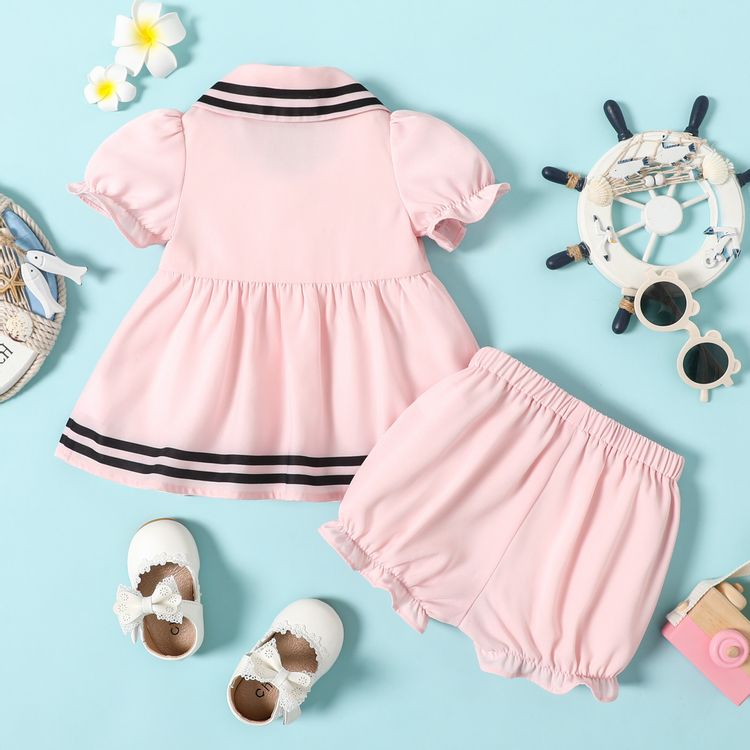 2pcs Baby Girl Striped Splice Pink Puff-sleeve Bow Front Dress with Shorts Set Pink