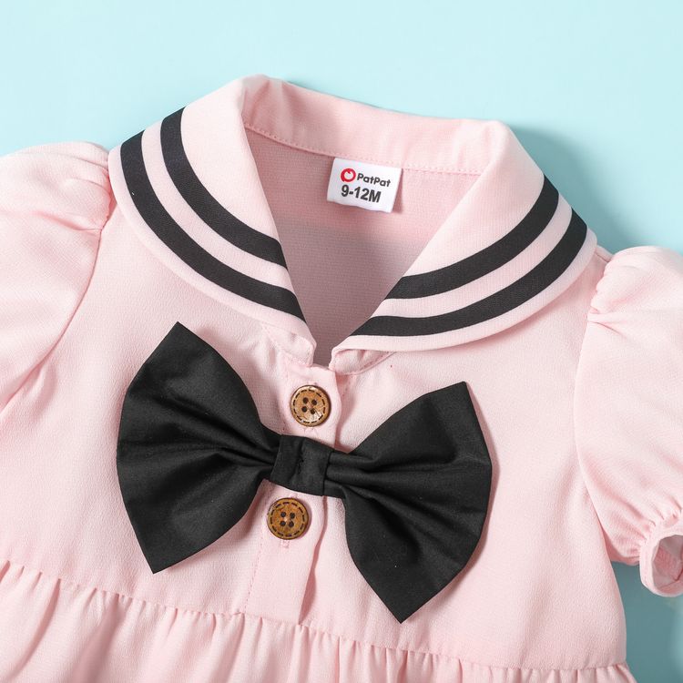 2pcs Baby Girl Striped Splice Pink Puff-sleeve Bow Front Dress with Shorts Set Pink