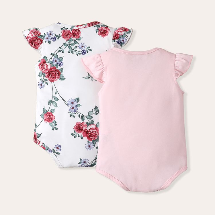 2-Pack Baby Girl Flutter-sleeve Floral and Letter Print Rompers Set Pink