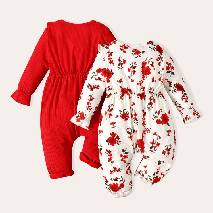 2pcs Baby Girl Solid Ribbed and Floral Print Long-sleeve Ruffle Button Up Jumpsuits Set MultiColour