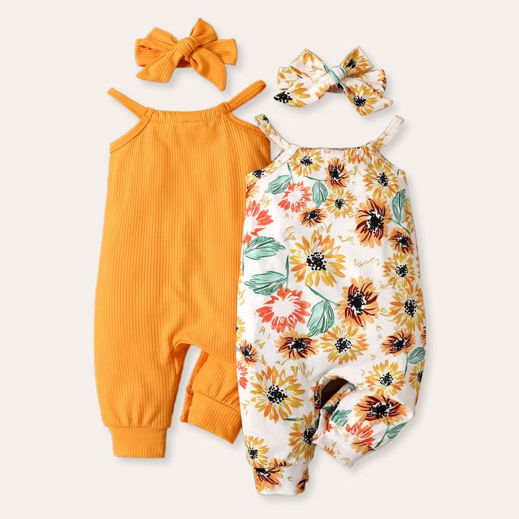 2-Pack Baby Girl Solid and Floral Print Spaghetti Strap Jumpsuits with Headbands Sets Yellow