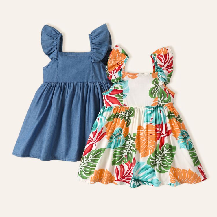 2pcs Baby Girl Imitation Denim Solid and Floral-print Flutter-sleeve Button Up Dresses Set MultiColour