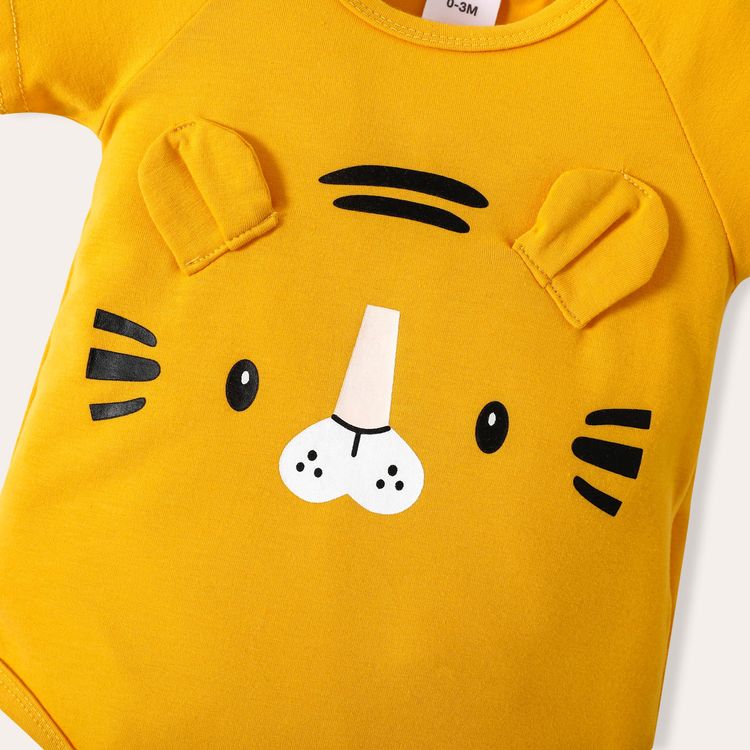 2pcs Baby Boy Cartoon Tiger Print 3D Ears Short-sleeve Rompers Set Yellow