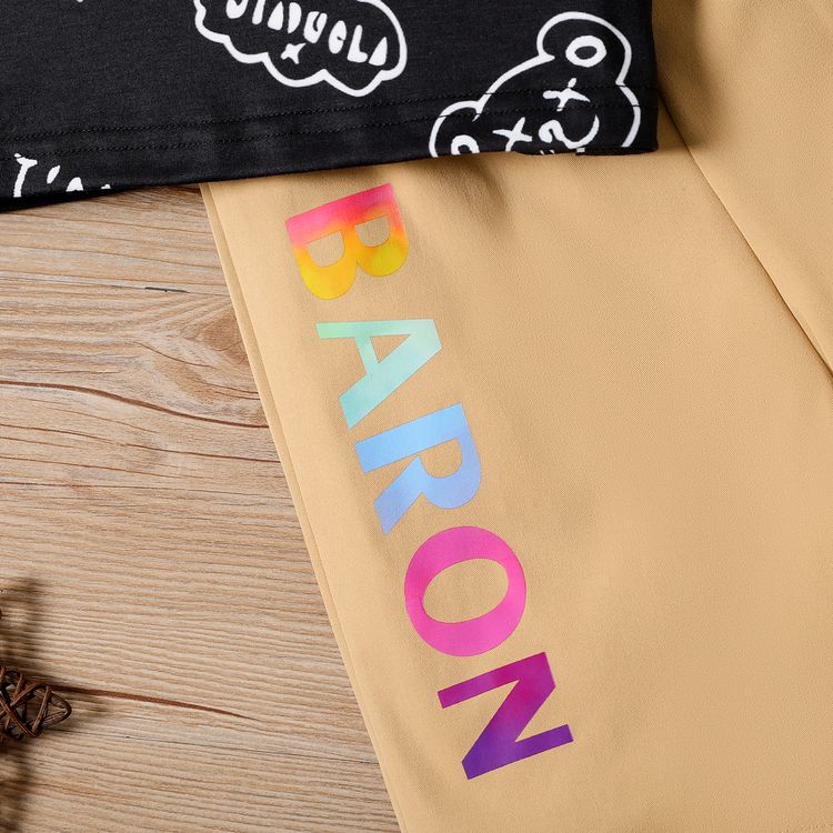 2pcs Kid Boy Letter Bear Print Short-sleeve Tee and Pocket Design Cargo Shorts Set Black