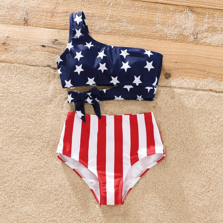 Mommy and Me Stars and Stripes Print Two-Piece One Shoulder Bikini Set Swimwear ColorBlock