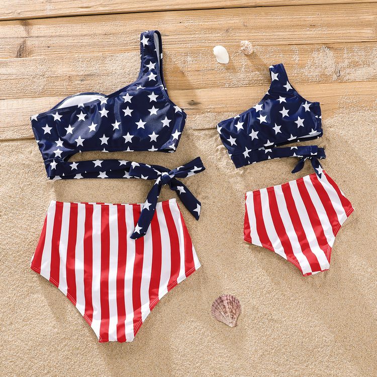 Mommy and Me Stars and Stripes Print Two-Piece One Shoulder Bikini Set Swimwear ColorBlock