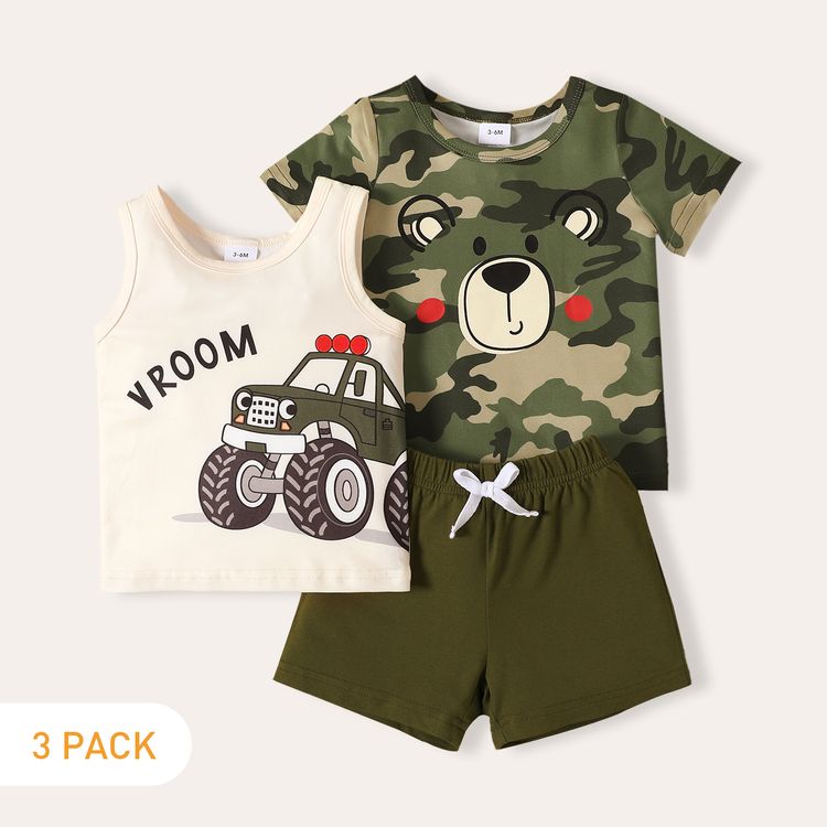 3pcs Baby Boy Vehicle Print Tank Top and Cartoon Camouflage Short-sleeve Tee and Solid Shorts Set Army green