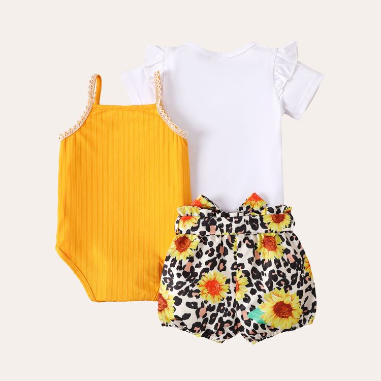 3pcs Baby Girl Ribbed Spaghetti Strap Romper and Letter Print Short-sleeve Tee with Sunflower Leopard Shorts Set Yellow