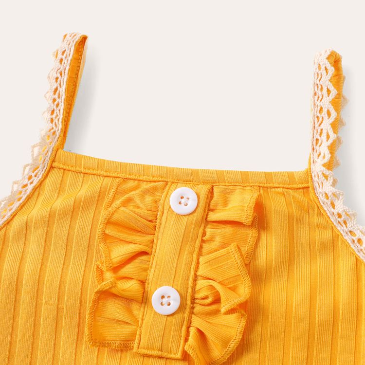 3pcs Baby Girl Ribbed Spaghetti Strap Romper and Letter Print Short-sleeve Tee with Sunflower Leopard Shorts Set Yellow