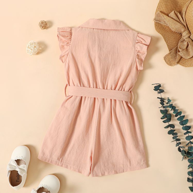 Toddler Girl 100% Cotton Lapel Collar Button Design Flutter-sleeve Belted Rompers Pink