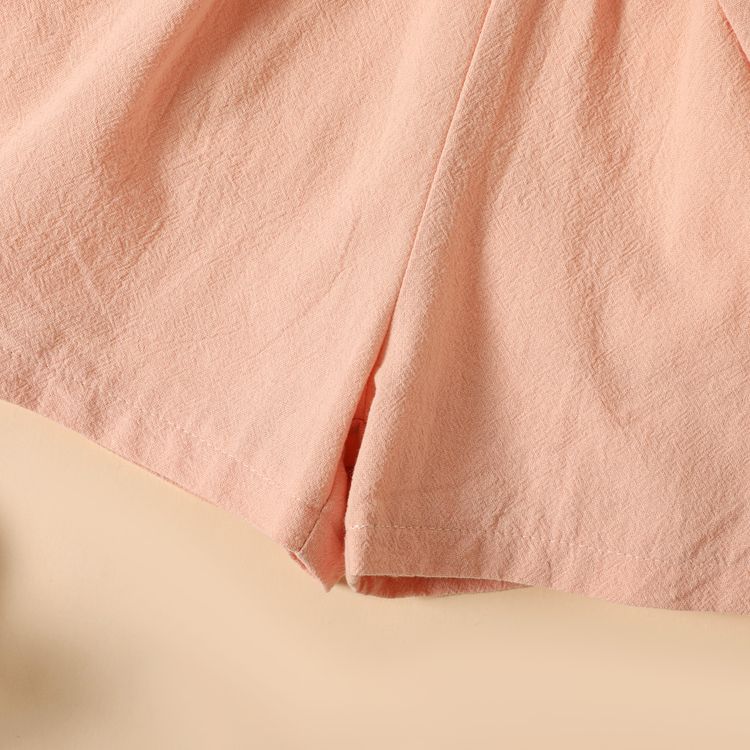 Toddler Girl 100% Cotton Lapel Collar Button Design Flutter-sleeve Belted Rompers Pink