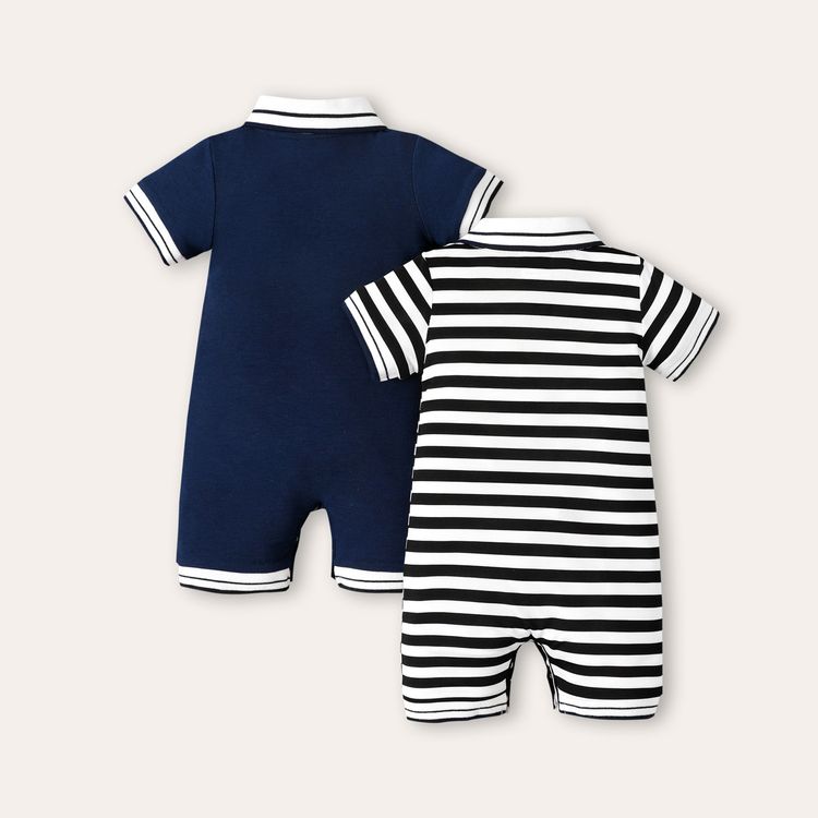 2pcs Baby Boy 95% Cotton Short-sleeve Embroidered Contrast Collar Snap Rompers Set Blue