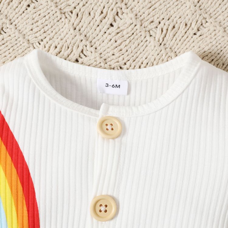 Baby Boy/Girl 95% Cotton Ribbed Long-sleeve Cartoon Rainbow Print Button Up Jumpsuit White
