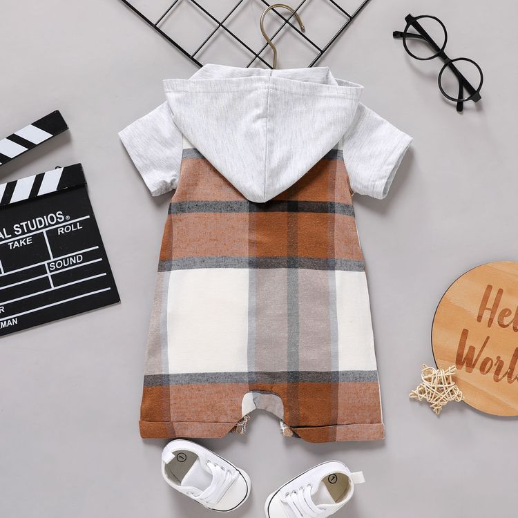 Baby Boy Plaid Colorblock Hooded Short-sleeve Snap Romper Khaki