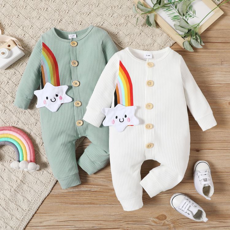 Baby Boy/Girl 95% Cotton Ribbed Long-sleeve Cartoon Rainbow Print Button Up Jumpsuit White