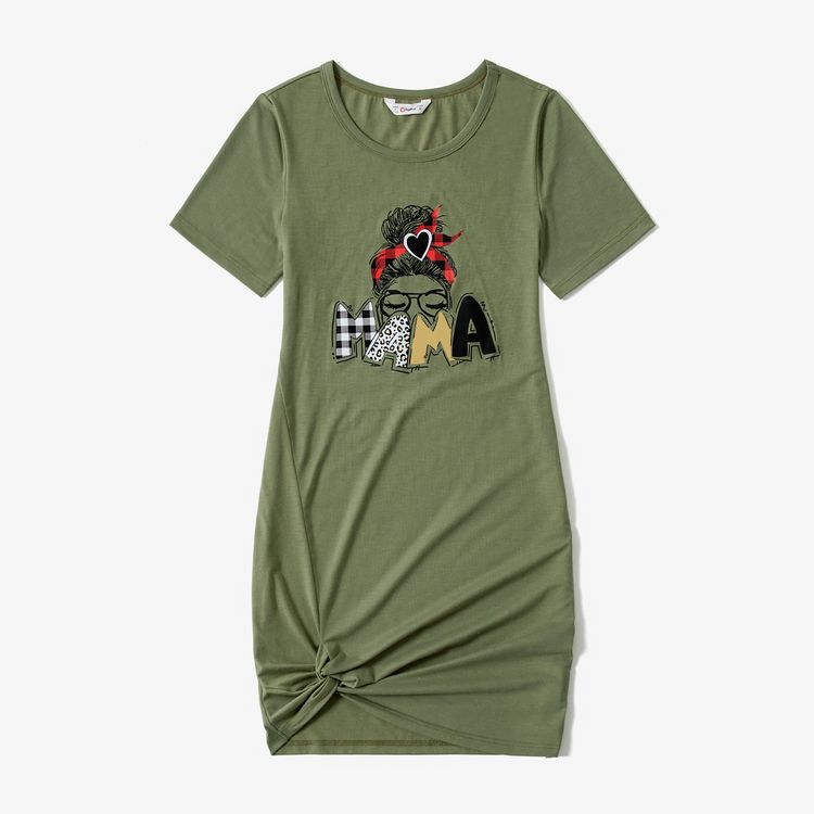 Mommy and Me Characters Letter Print Short-sleeve Twist Knot T-shirt Dress for Mom and Me LightArmyGreen