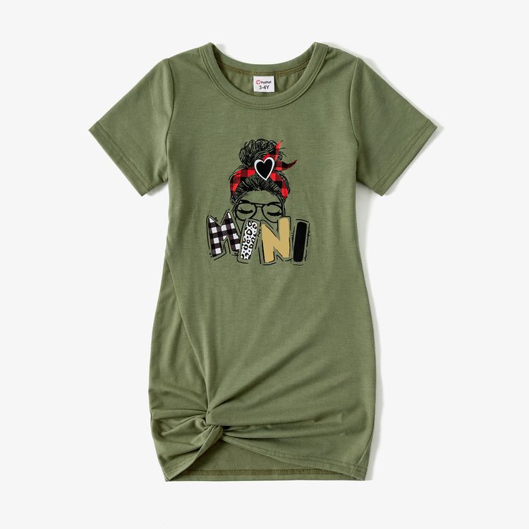 Mommy and Me Characters Letter Print Short-sleeve Twist Knot T-shirt Dress for Mom and Me LightArmyGreen
