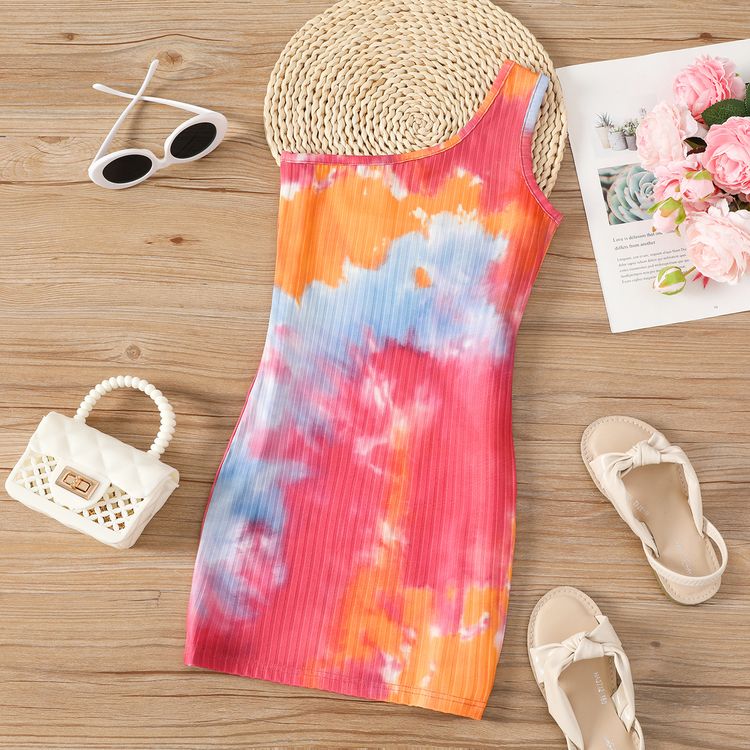 Kid Girl Tie Dyed One Shoulder Sleeveless Dress Multi-color