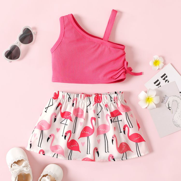 2pcs Baby Girl Solid Ribbed One Shoulder Strap Ruched Crop Top and Allover Flamingo Print Skirt Set Peach