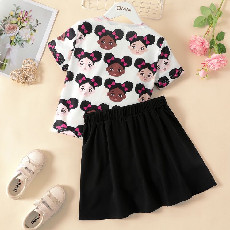 2pcs Kid Girl Cute Figure Print Short-sleeve Tee and Black Pleated Skirt Set BlackandWhite