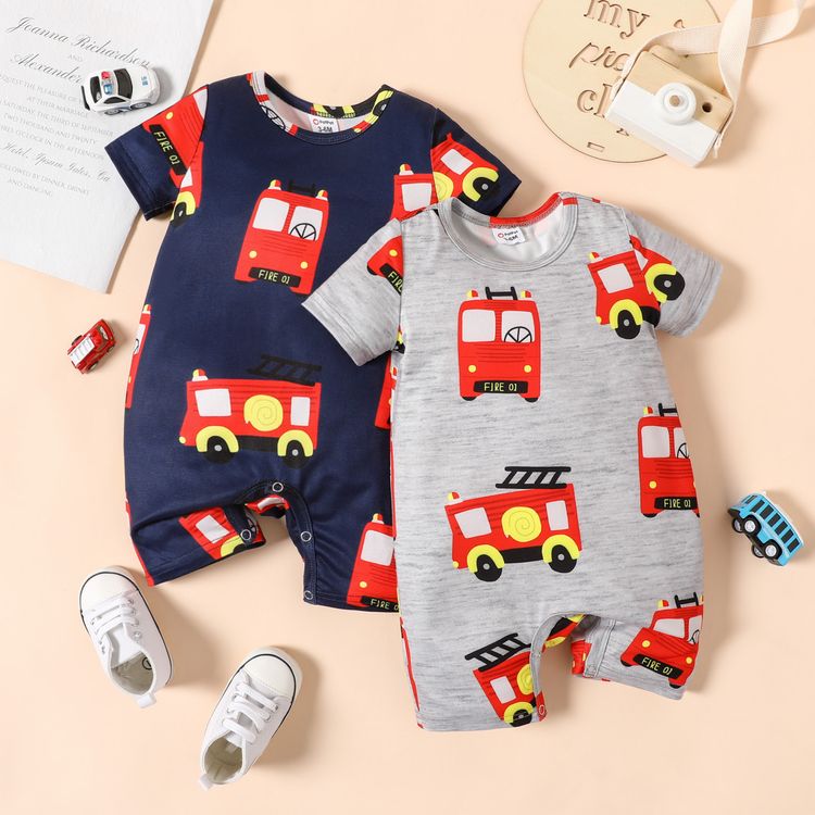 Baby Boy Allover Vehicle Print Short-sleeve Romper MiddleAsh