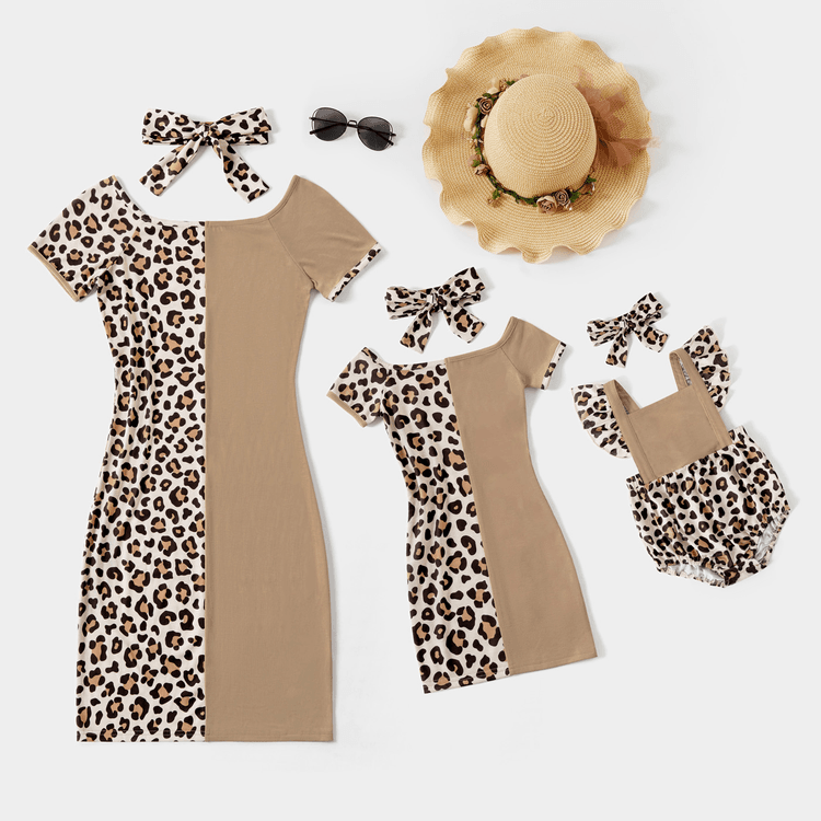 Leopard Splice Short-sleeve Matching Khaki Midi Dresses Khaki